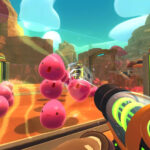 Actual Slime Rancher gameplay screenshot depicting Beatrix's colorful ranch and slimes, from Steam publisher gallery