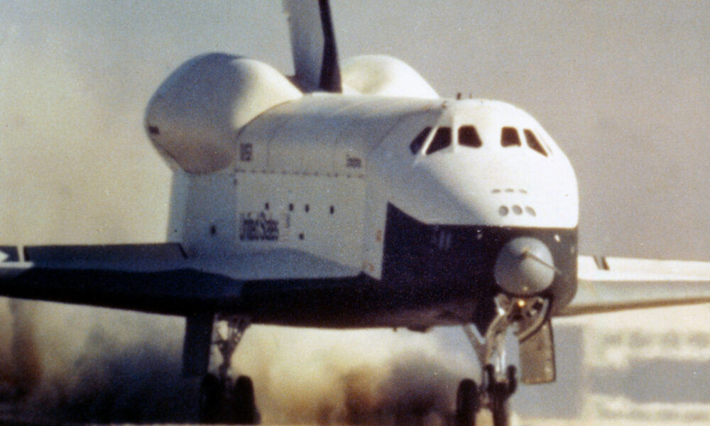 NASA's Space Shuttle Enterprise (OV-101) landing during the 1977 atmospheric flight test program