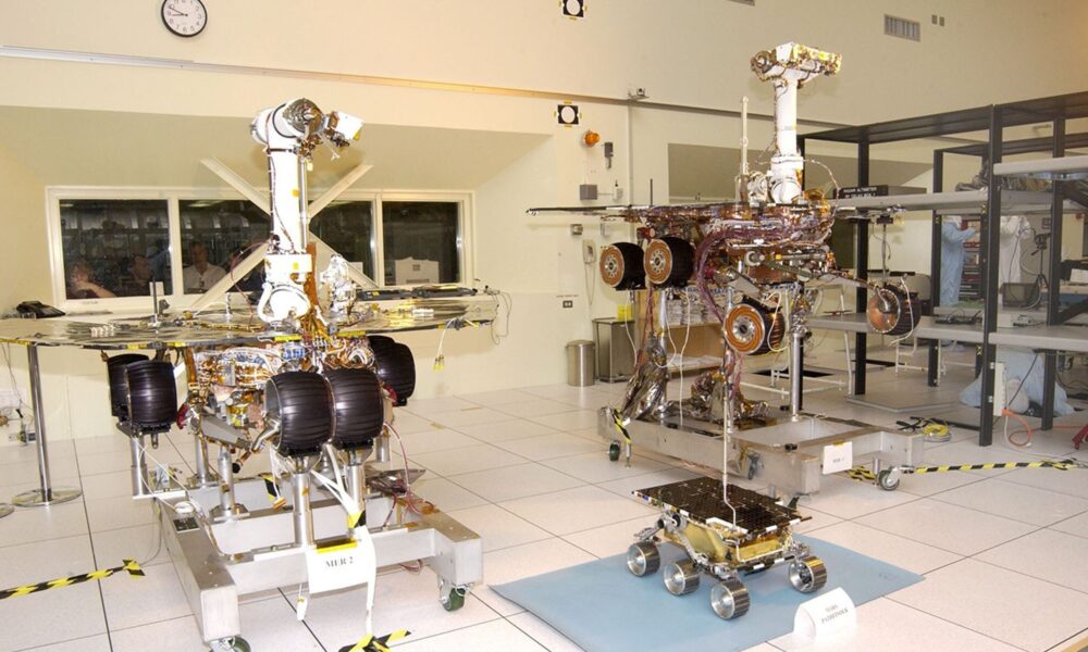 Spirit and Opportunity Mars Exploration Rovers photographed before launch in NASA JPL cleanroom