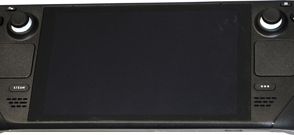 Photograph of a Steam Deck handheld gaming computer viewed from the front