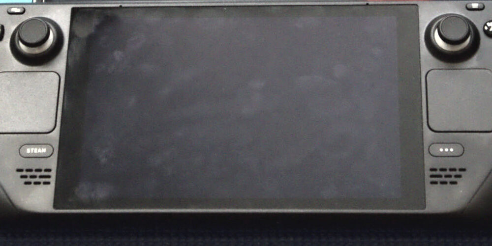 Front of a Steam Deck handheld PC associated with Steam's game library and Steam Families