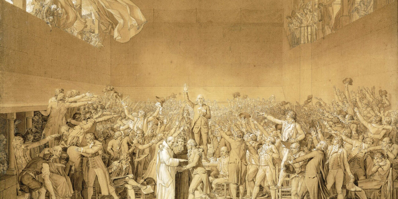 Jacques-Louis David's historical depiction of the Tennis Court Oath of June 20 1789 in Versailles