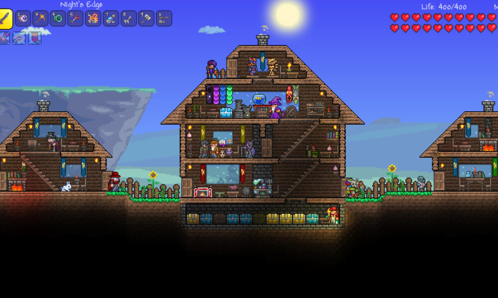 Genuine Terraria PC game screenshot showing side-scrolling sandbox terrain and enemies from the Steam product gallery