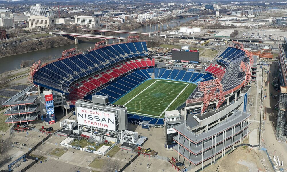 Aerial archival photograph of Nissan Stadium in Nashville, where the Texans played the Titans in Week 5 of 2026