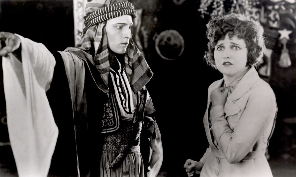 Rudolph Valentino as Sheik Ahmed and Agnes Ayres as Lady Diana in an actual scene from the 1921 silent film The Sheik
