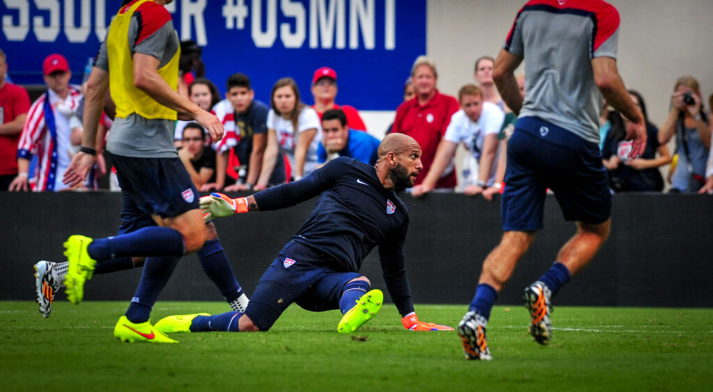 United States goalkeeper Tim Howard making a kick save during 2014 USMNT training