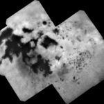 Actual NASA Cassini photograph of Saturn moon Titan north polar lakes and seas of methane and ethane through atmospheric haze
