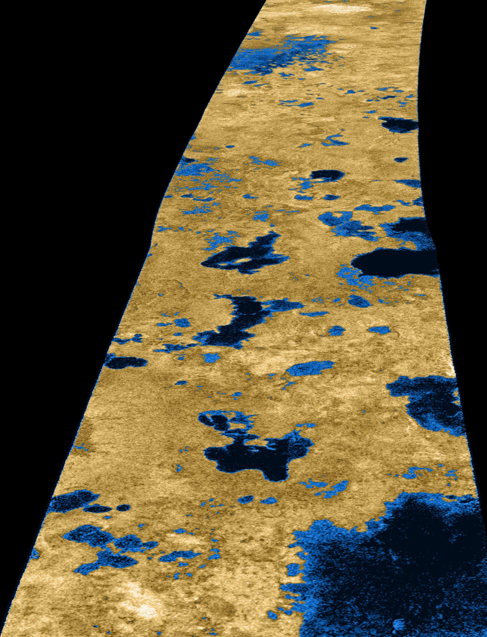 Actual Cassini radar map of Titan north polar liquid methane lakes shown in assigned blue colors against tan terrain