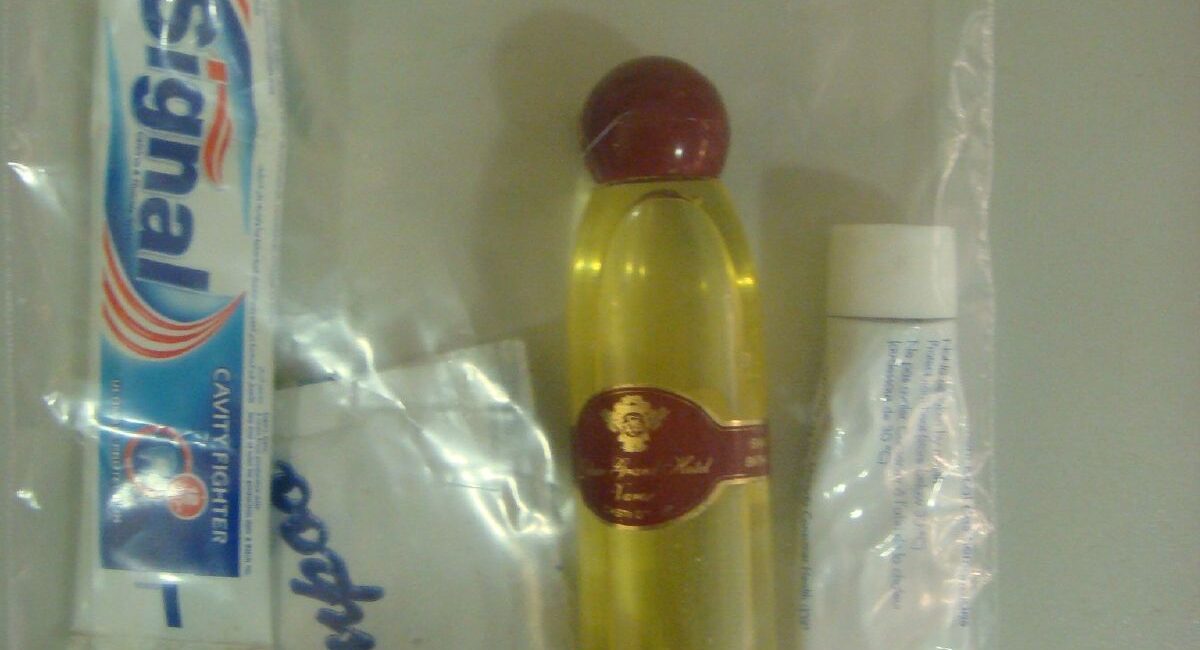 Travel-size liquid and gel containers inside a clear resealable airport security bag to illustrate TSA carry-on liquids rules