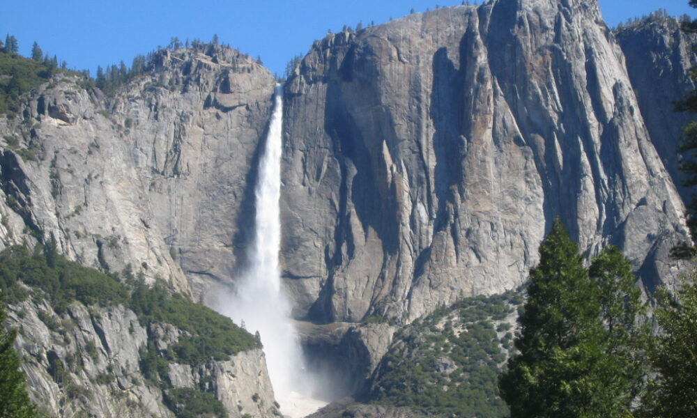 Authentic image of Upper Yosemite Fall with flowing water, captured in spring at Yosemite National Park