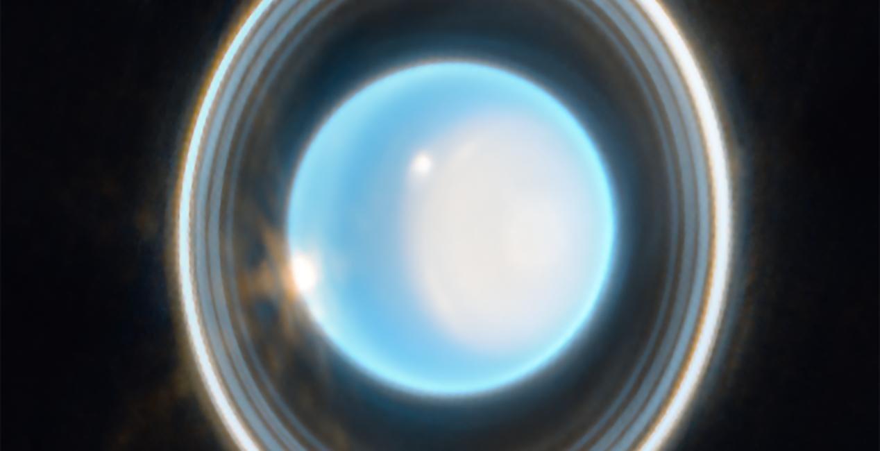 Authentic 2023 James Webb NIRCam Uranus image showing a light-blue planet, white north polar cap, thin nested vertical-looking rings and bright storm clouds