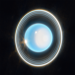 Authentic 2023 James Webb NIRCam Uranus image showing a light-blue planet, white north polar cap, thin nested vertical-looking rings and bright storm clouds