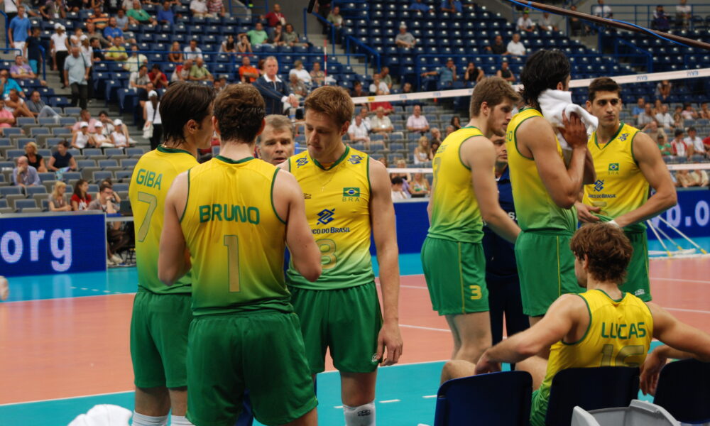 Brazil national volleyball team playing in an international indoor match