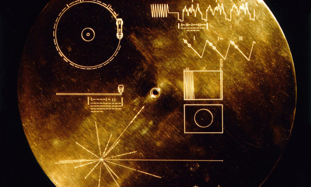 Close-up of the actual Voyager Golden Record cover showing playback instructions and pulsar map, NASA/JPL-Caltech