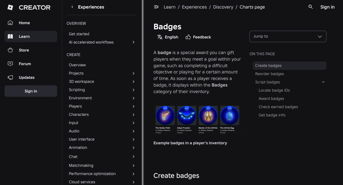Official source page screenshot for Roblox Badges Explained (2026): Earn Achievements and Create Game Badges