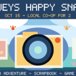 Original editorial illustration of a camera, photos and scrapbook for Bluey's Happy Snaps October 15 family game guide
