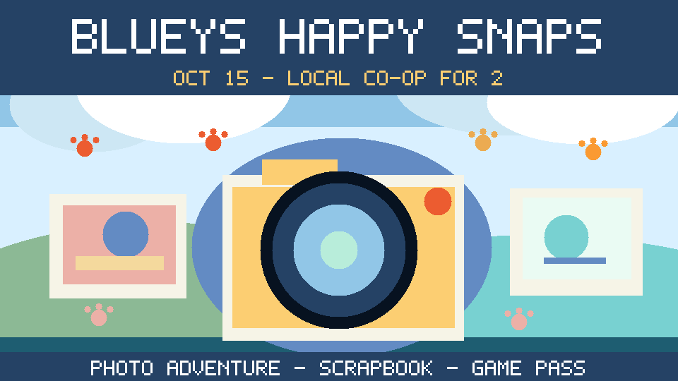 Original editorial illustration of a camera, photos and scrapbook for Bluey's Happy Snaps October 15 family game guide