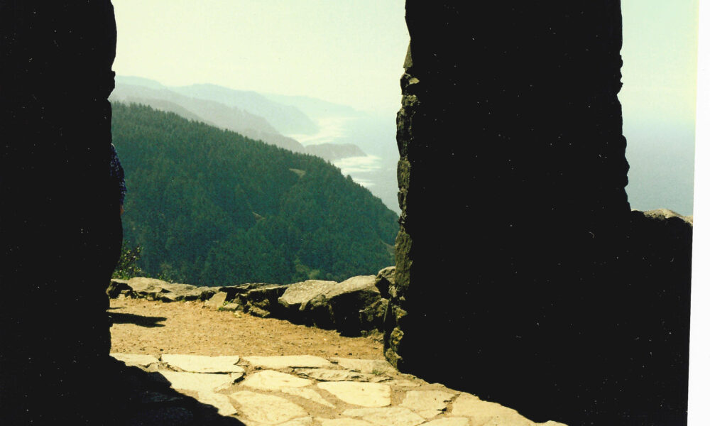 Actual Pacific coastline viewed south from Cape Perpetua scenic viewpoint and West Shelter, Oregon