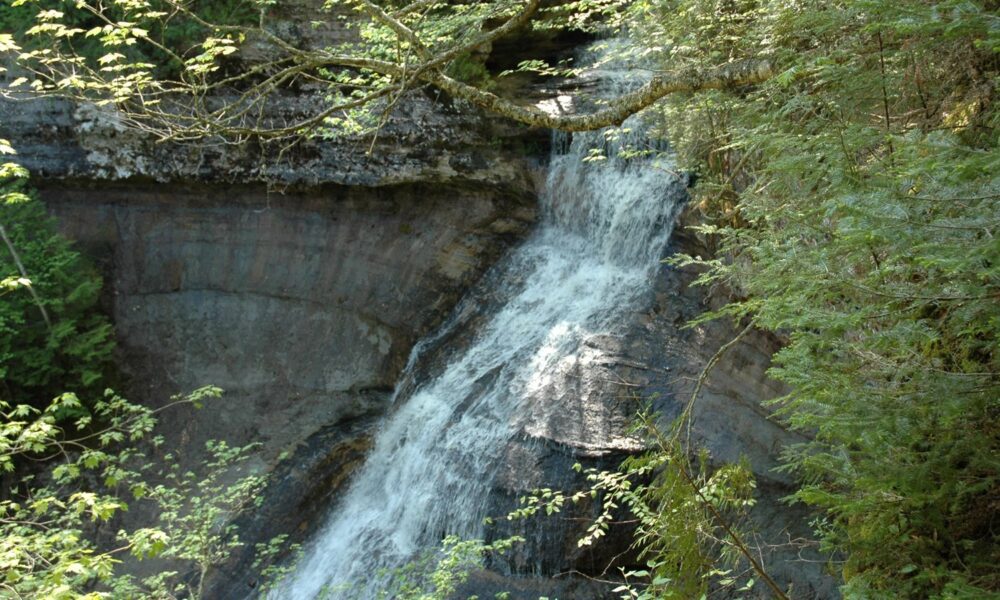 Authentic National Park Service photograph of Chapel Falls cascading down sandstone in Pictured Rocks National Lakeshore, Michigan
