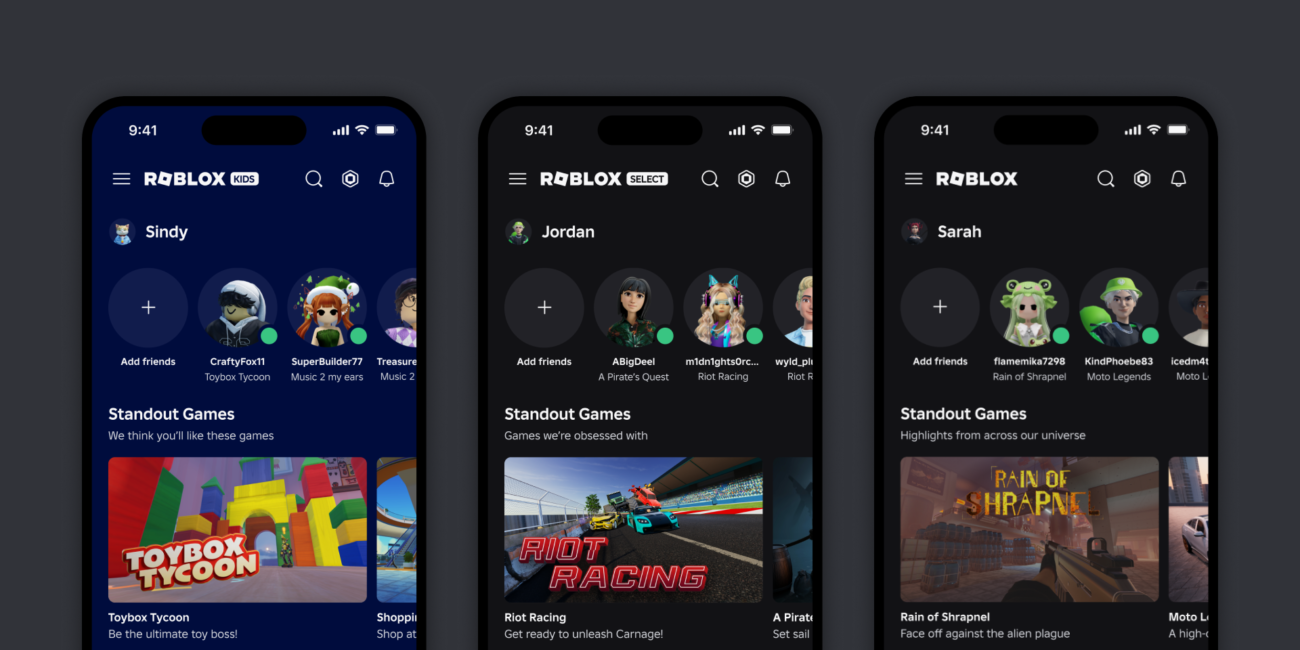 Roblox Kids Select and Standard age-based account UI