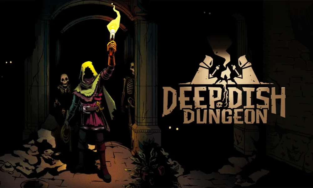 Official Deep Dish Dungeon promotional artwork showing hooded explorer with torch in a dungeon and the game title