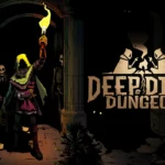 Official Deep Dish Dungeon promotional artwork showing hooded explorer with torch in a dungeon and the game title