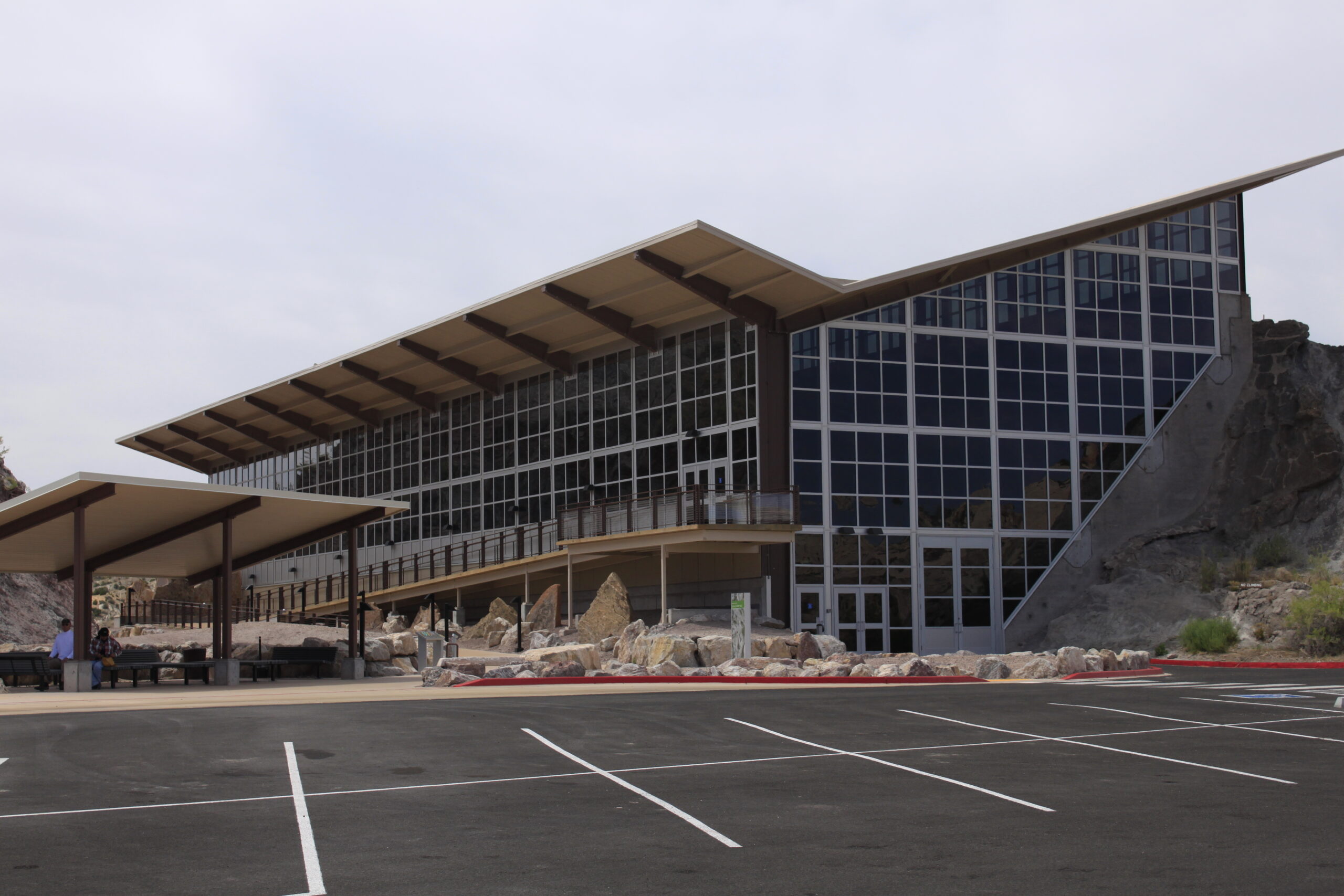 Exterior of the Quarry Exhibit Hall and parking area near Jensen Utah at Dinosaur National Monument