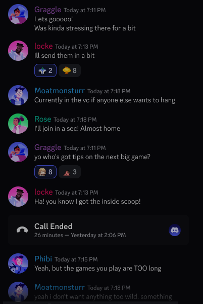 Discord mobile chat showing a custom typing indicator with emojis and a status phrase