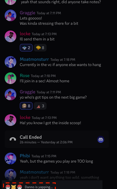 Discord mobile chat showing a custom typing indicator with emojis and a status phrase