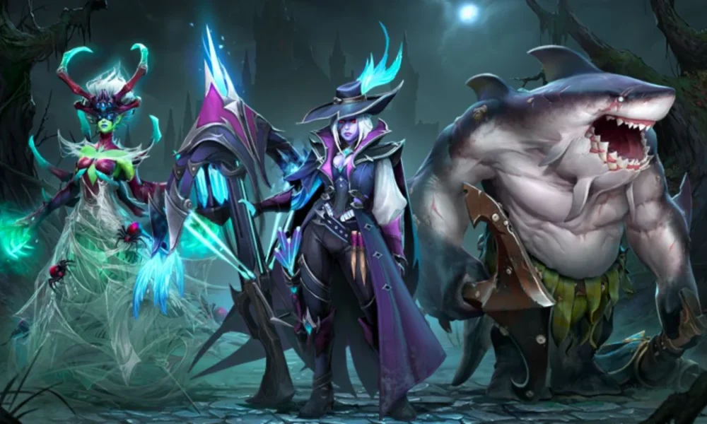 Dota 2 Trove of Terror: Tidehunter Arcana & Rewards Dota 2 Trove of Terror key art showing Tidehunter's Maw of the Megalodon Arcana with Drow Ranger and Death Prophet cosmetics
