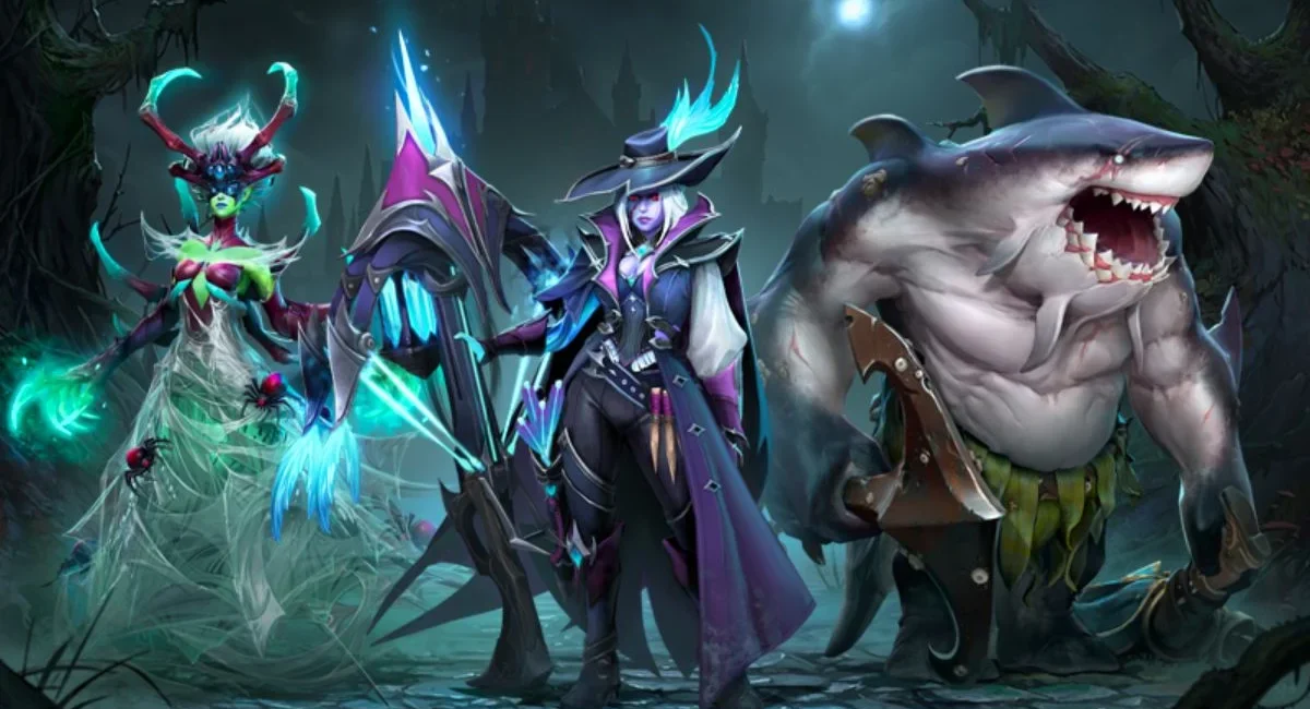 Dota 2 Trove of Terror key art showing Tidehunter's Maw of the Megalodon Arcana with Drow Ranger and Death Prophet cosmetics