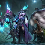 Dota 2 Trove of Terror key art showing Tidehunter's Maw of the Megalodon Arcana with Drow Ranger and Death Prophet cosmetics