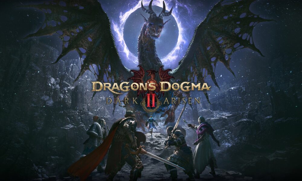 Capcom promotional artwork for Dragon's Dogma 2: Dark Arisen showing adventurers facing a huge dragon in a dark fantasy landscape