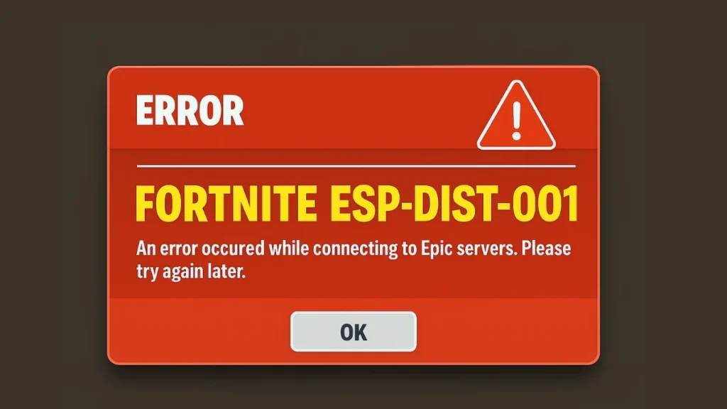 Fortnite ESP-DIST-001 connection error dialog used for server and network troubleshooting