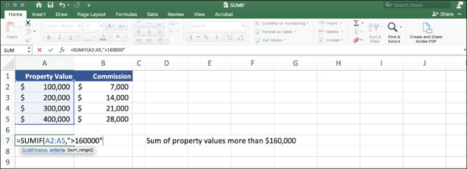 Excel SUMIF example with criteria and totals