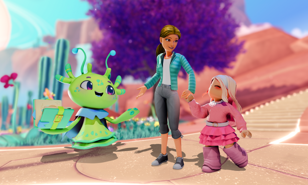 Roblox Family Zone illustration showing a parent and child avatar learning to play together