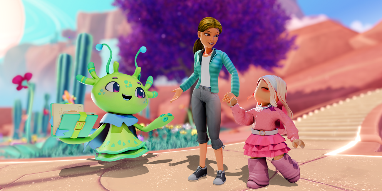 Roblox Family Zone illustration showing a parent and child avatar learning to play together