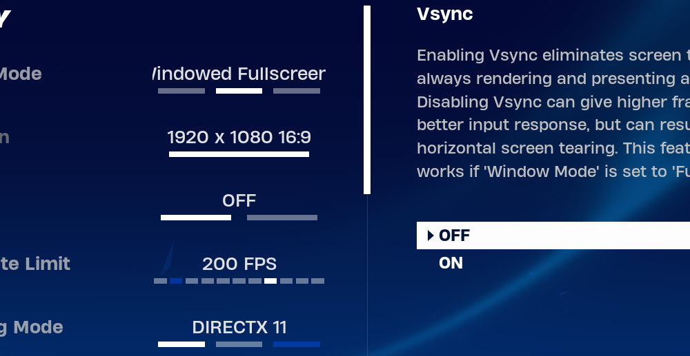 Fortnite video settings showing V-Sync turned off for frame-rate troubleshooting