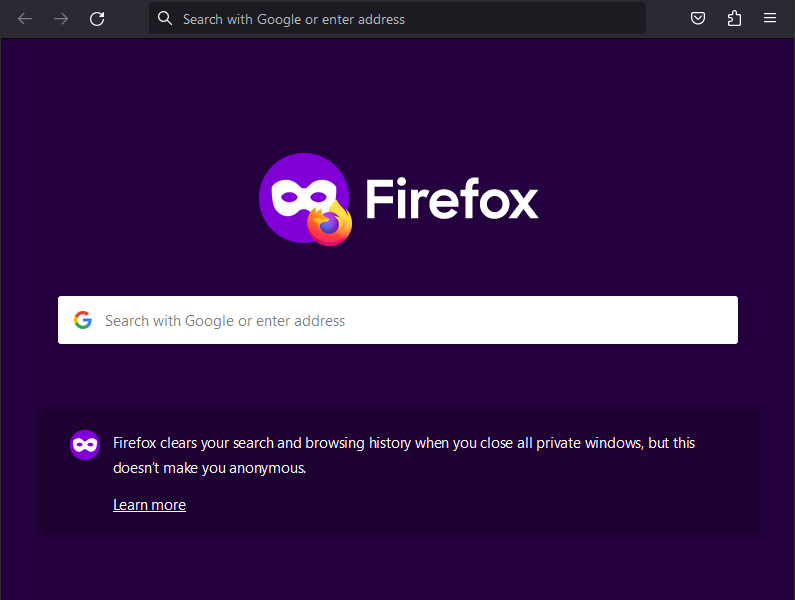 Actual Firefox 113 desktop Private Browsing window on Windows 11, showing the purple private tab, mask icon and privacy notice