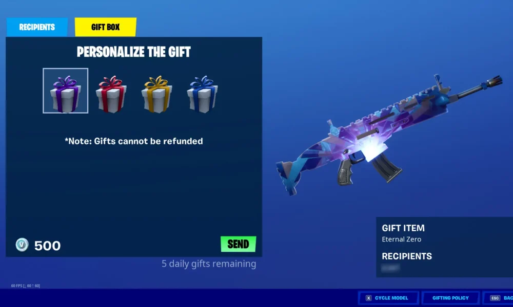 Fortnite Gifting Not Working? 2FA, Two-Day Friends Rule and Daily Limits Fortnite gifting screen showing gift wrap, V-Bucks cost and remaining daily gifts
