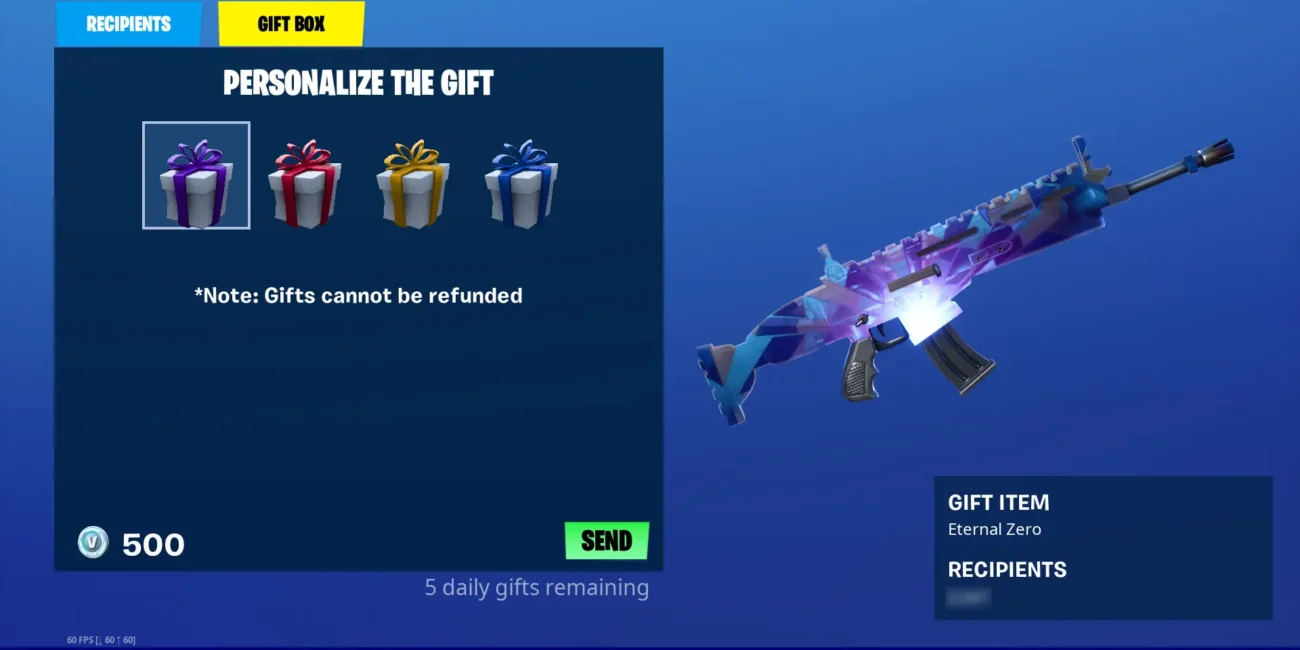 Fortnite gifting screen showing gift wrap, V-Bucks cost and remaining daily gifts
