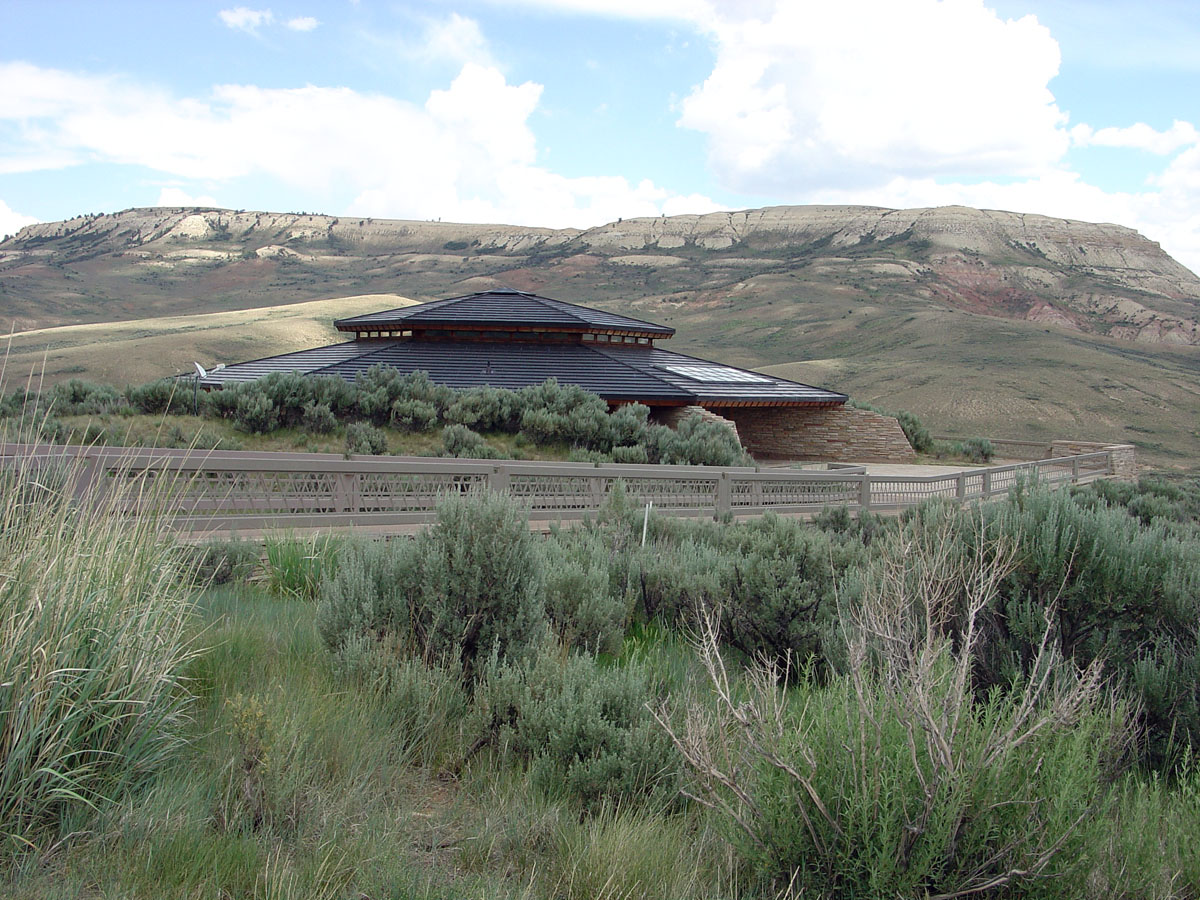 Actual Fossil Butte National Monument visitor center among sagebrush and Wyoming hills