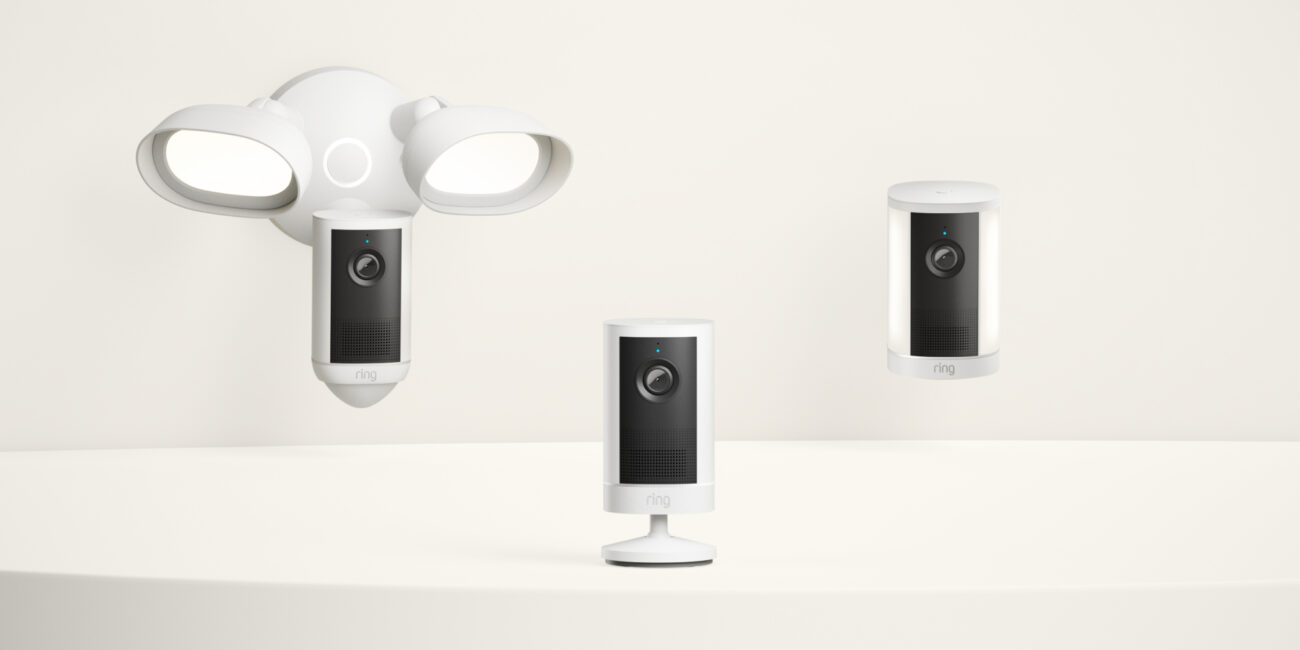 Ring 4K security camera lineup including Outdoor Cam, Spotlight Cam, Floodlight Cam and Indoor Cam