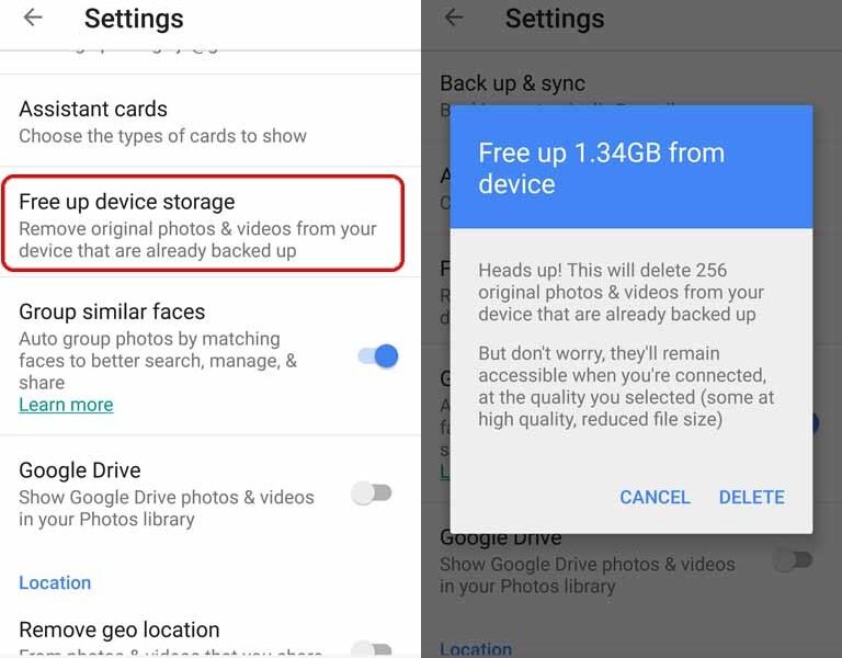 Google Photos Free up device storage option and confirmation for backed-up photos