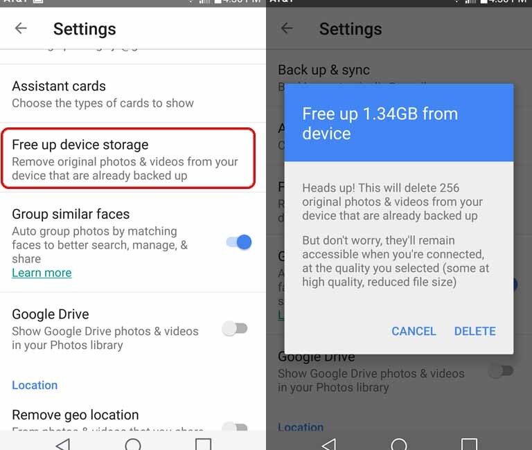 Google Photos Free up device storage option and confirmation for backed-up photos