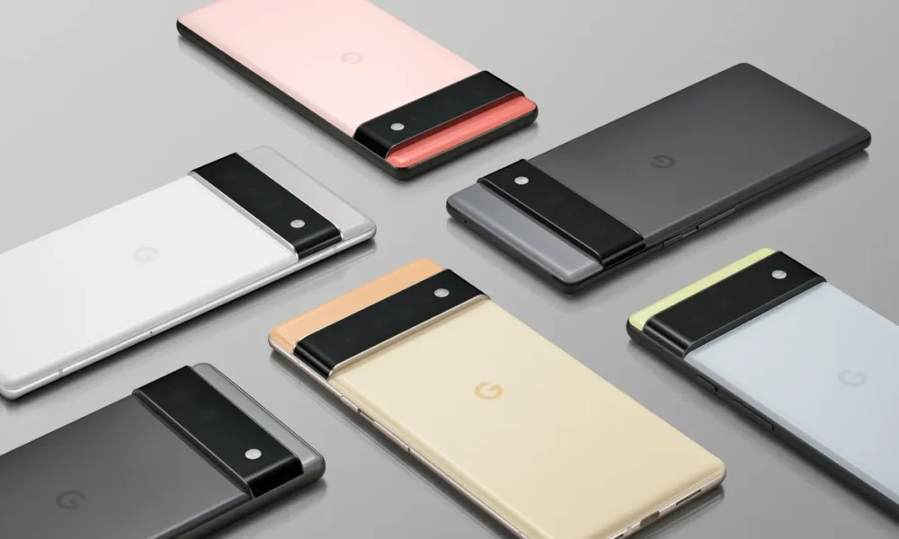 Google Pixel 6 and Pixel 6 Pro phones shown from the back with their camera bars