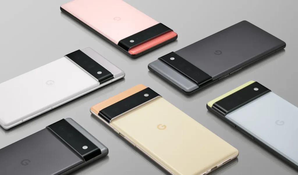 Google Pixel 6 and Pixel 6 Pro phones shown from the back with their camera bars
