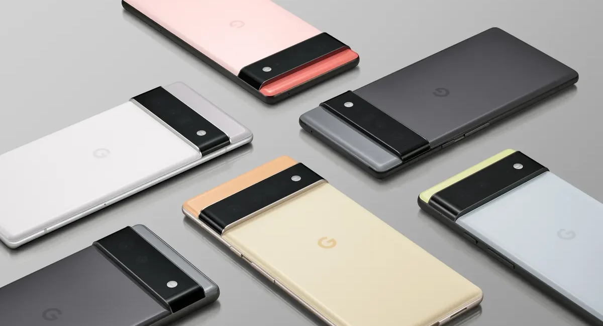 Google Pixel 6 and Pixel 6 Pro phones shown from the back with their camera bars