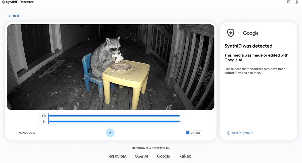 Google SynthID Detector showing a watermarked video verification interface