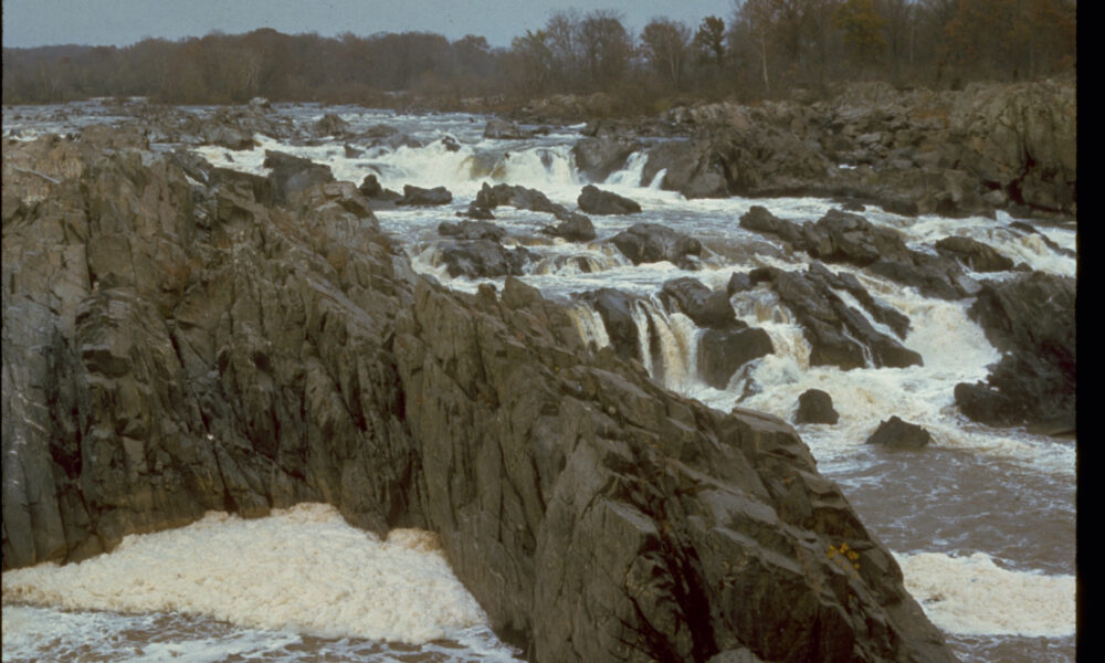 Actual Great Falls of the Potomac River in Great Falls Park Virginia, rocky river cascades and foaming rapids, National Park Service photo
